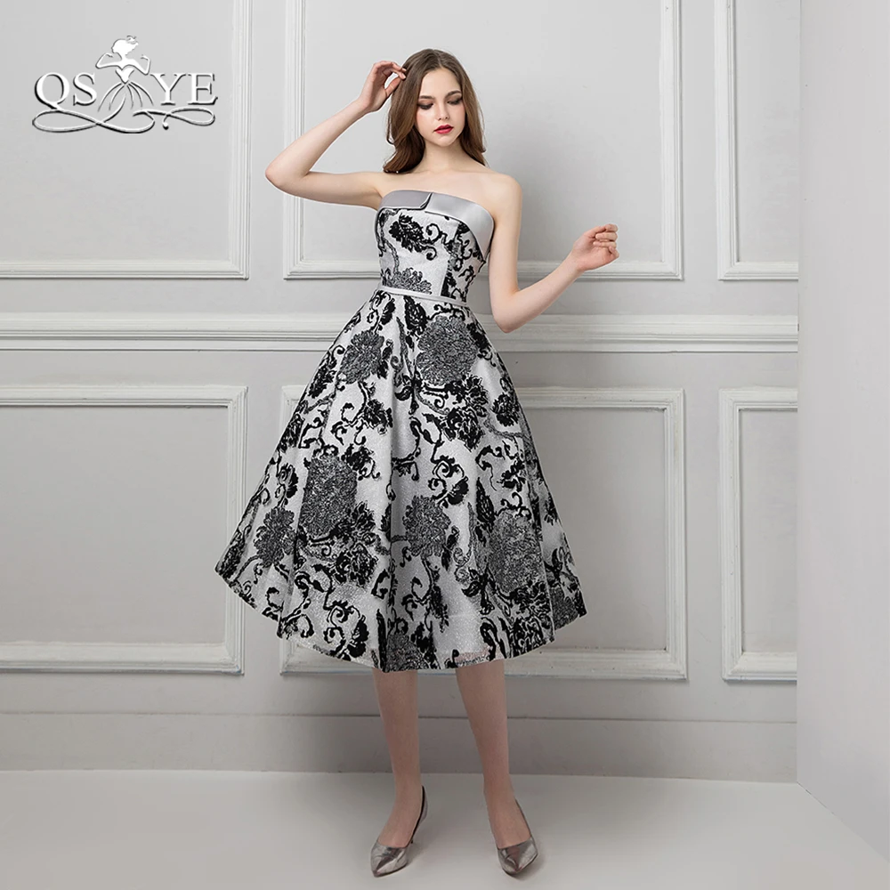 QSYYE 2018 Vintage Saudi Arabia Prom Dresses Puffy A-line Strapless Silver Satin Black Lace Formal Evening Dress Party Gown | Свадьбы и