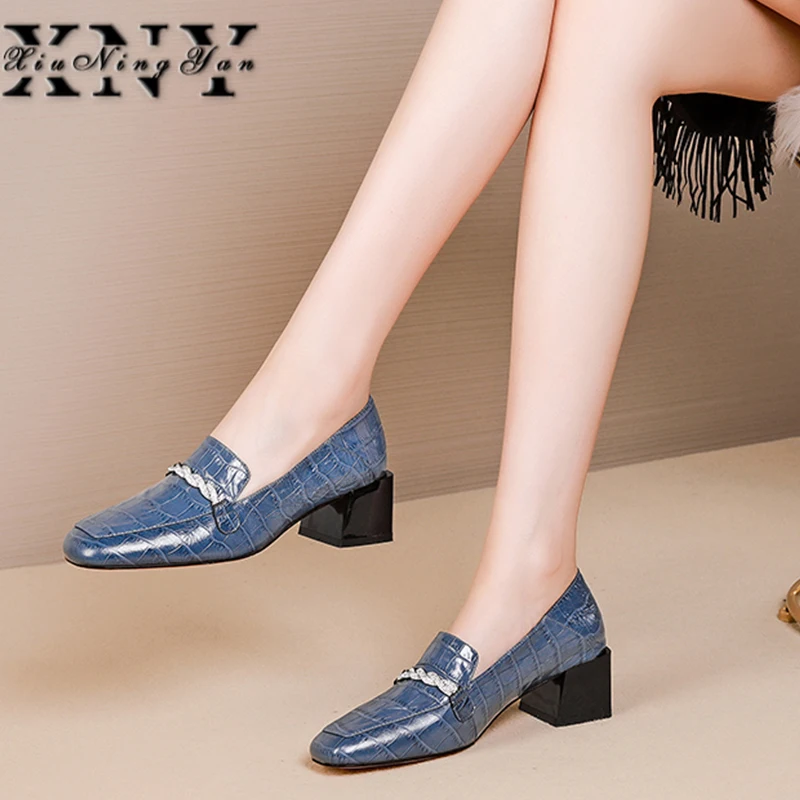 

XIUNINGYAN Women's Pumps Square Toe Shallow Lace Up Female Dress Pumps Square Heels Genuine Leather Ladies Office Shoes 2019