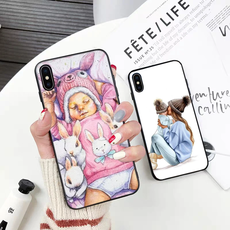 Black Brown Hair Baby Mom Girl Silicone Case for iPhone 5 SE 5S 6 6S Plus 7 8 11 Pro X XS Max XR | Мобильные телефоны и