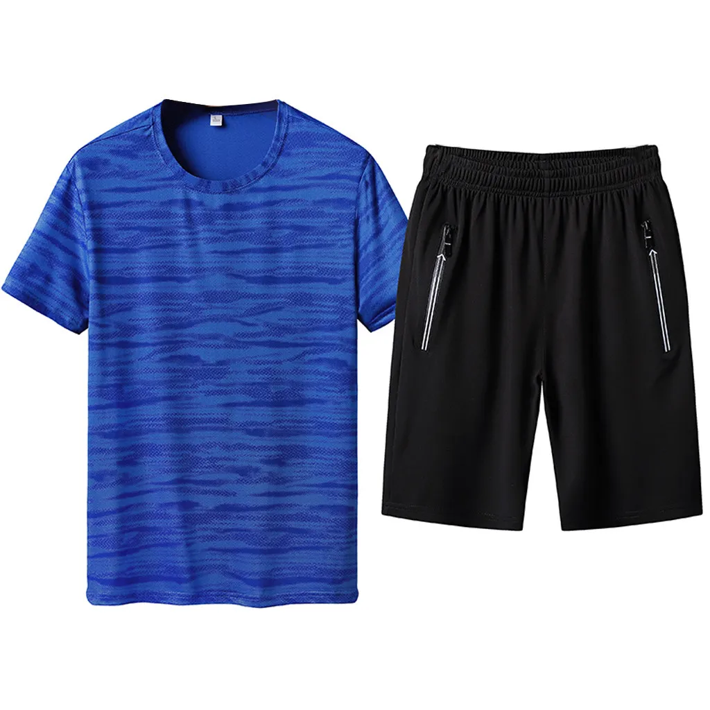 

Casual Men's Set Summer Short Sleeve Sports Set Large Size Thin Set Polyester Print Round Collar Set Y603