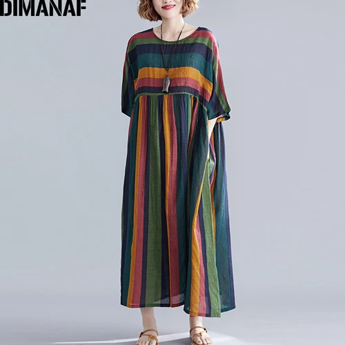 Ya90030CN DIMANAF, женское платье большого размера, винтажное, большой размер, элегантное, для девушек, Vestidos, летнее, с принтом, в полоску, женская одежда, свободное платье, 5XL, 6XL - Цвет: Ya90030CN