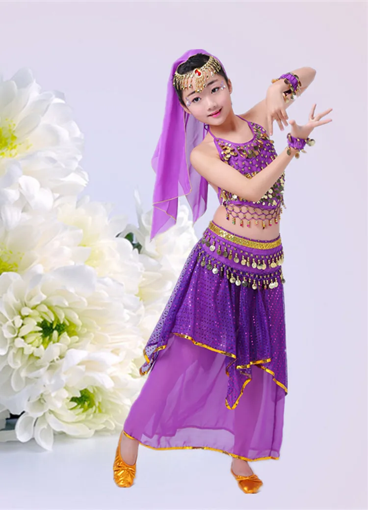 

Belly Dance Children Indian Costume Set 7-piece (Top, Belt, Pants, Headpiece and Sleeves) Bollywood Dance Costumes for Girls