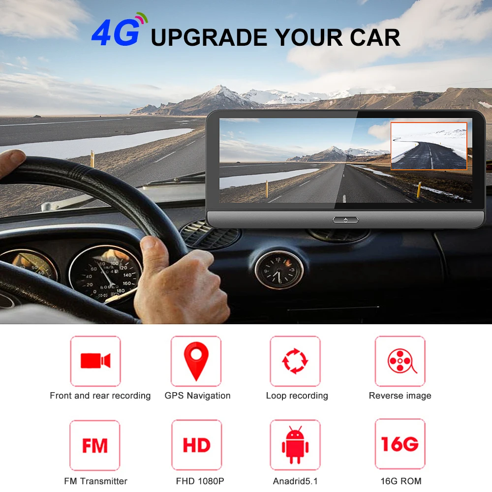 Автомобильный видеорегистратор YANTU 4G GPS 8 дюймов Android 5 1 Wi Fi 1080P|Видеорегистраторы| |