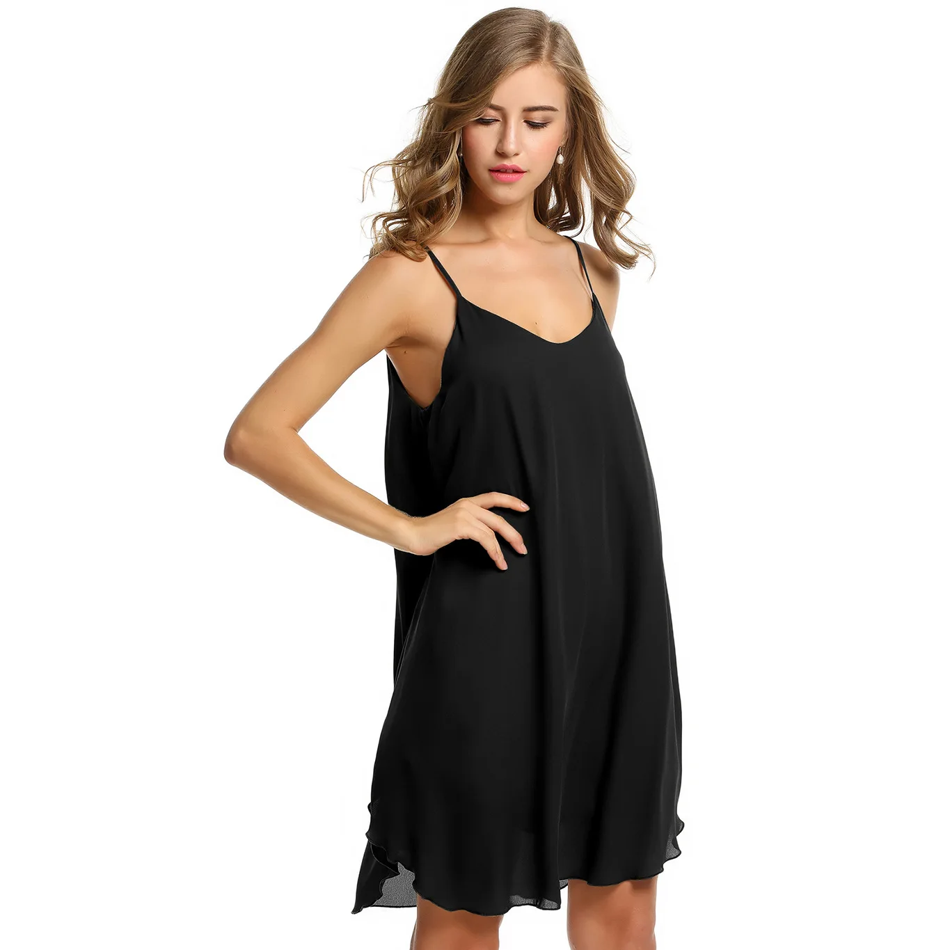 

chiffon spaghetti strap mini dresses woman casual loose solid sleeveless v-neck summer girl chiffon female dresses