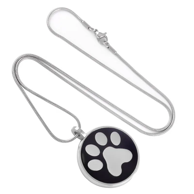 

IJD9132 Pet Memorial Urn Necklace - Black Dog Paw & Round Stainless Steel Keepsake Cremation Ashes Pendant Funeral Jewelry