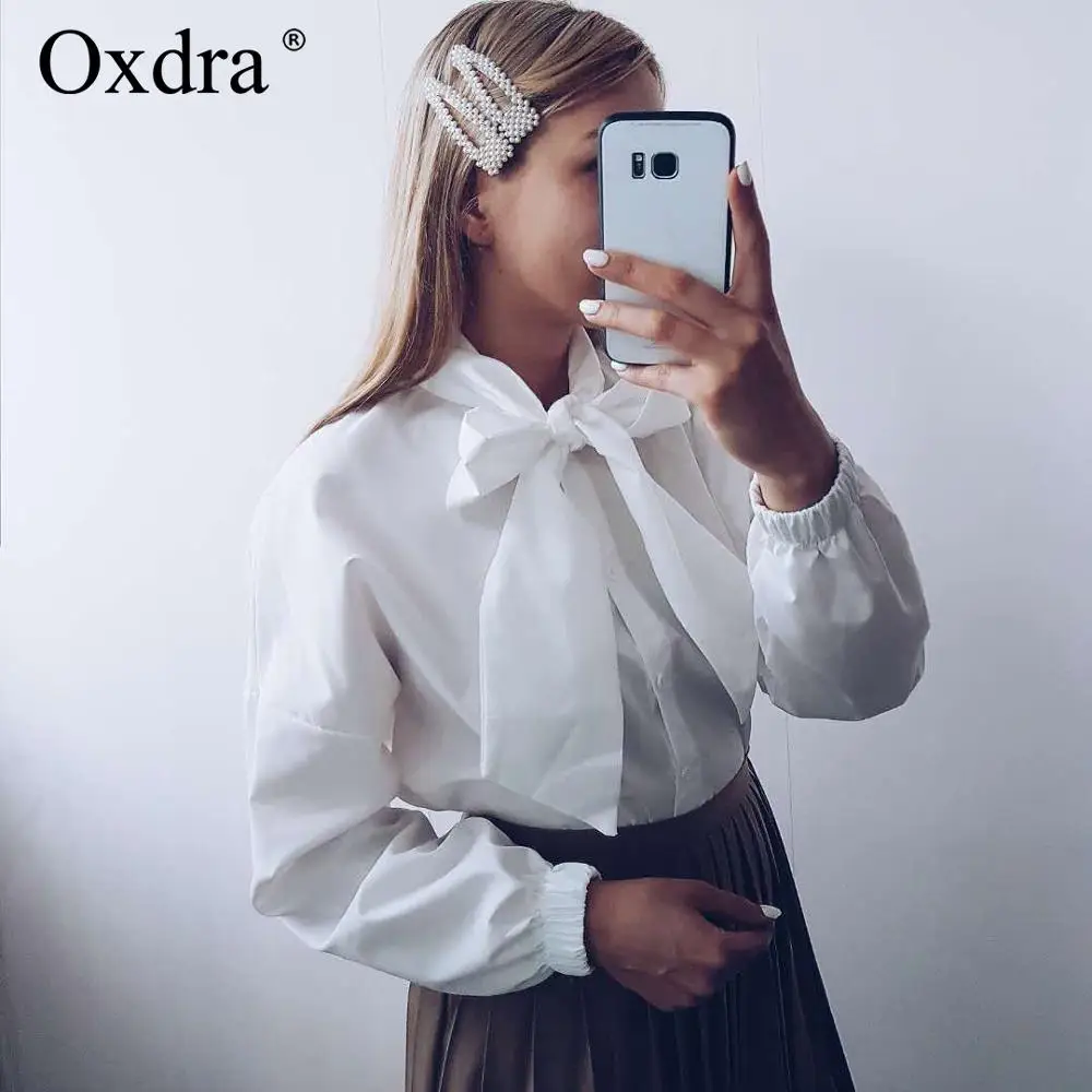 Oxdra 2019 Весна Осень Новые стильные однотонные рубашки женская блузка со шнуровкой