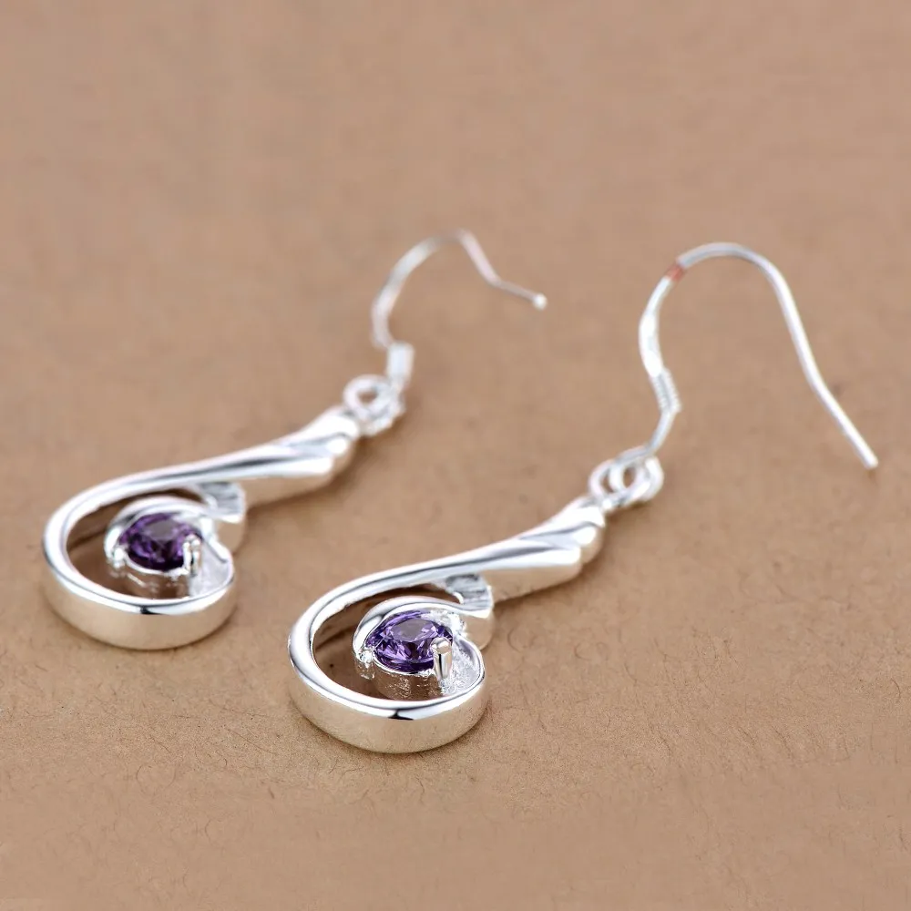 Женские серебряные серьги с фиолетовым кристаллом в форме сердца/HMOTXMTP DRARRQAO|silver