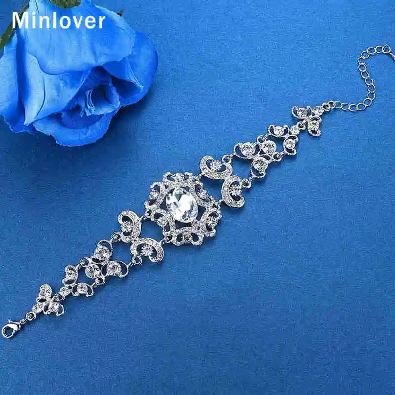 Женский браслет цепочка Minlover серебряный цвет с цветком и кристаллами модные