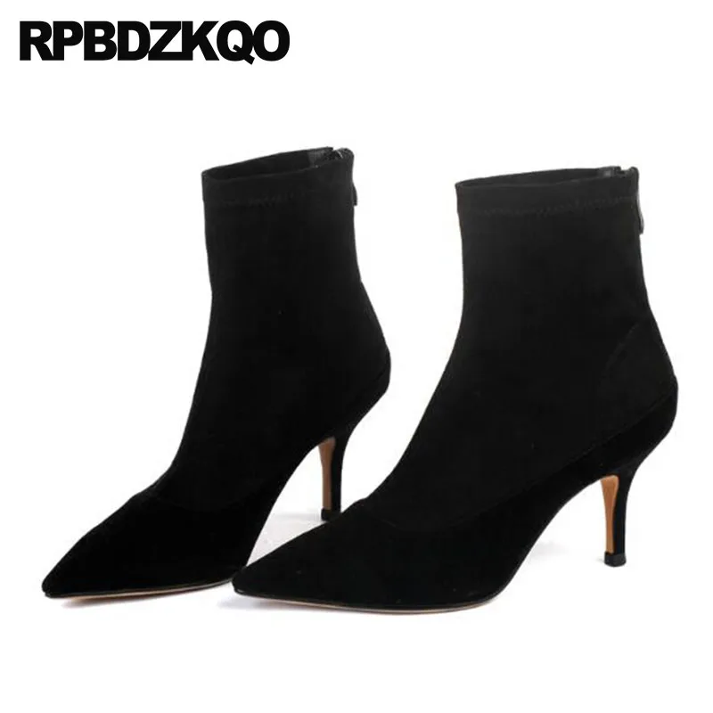 Черные ботиночки из овечьей кожи на высоком каблуке Замшевые шпильке с острым