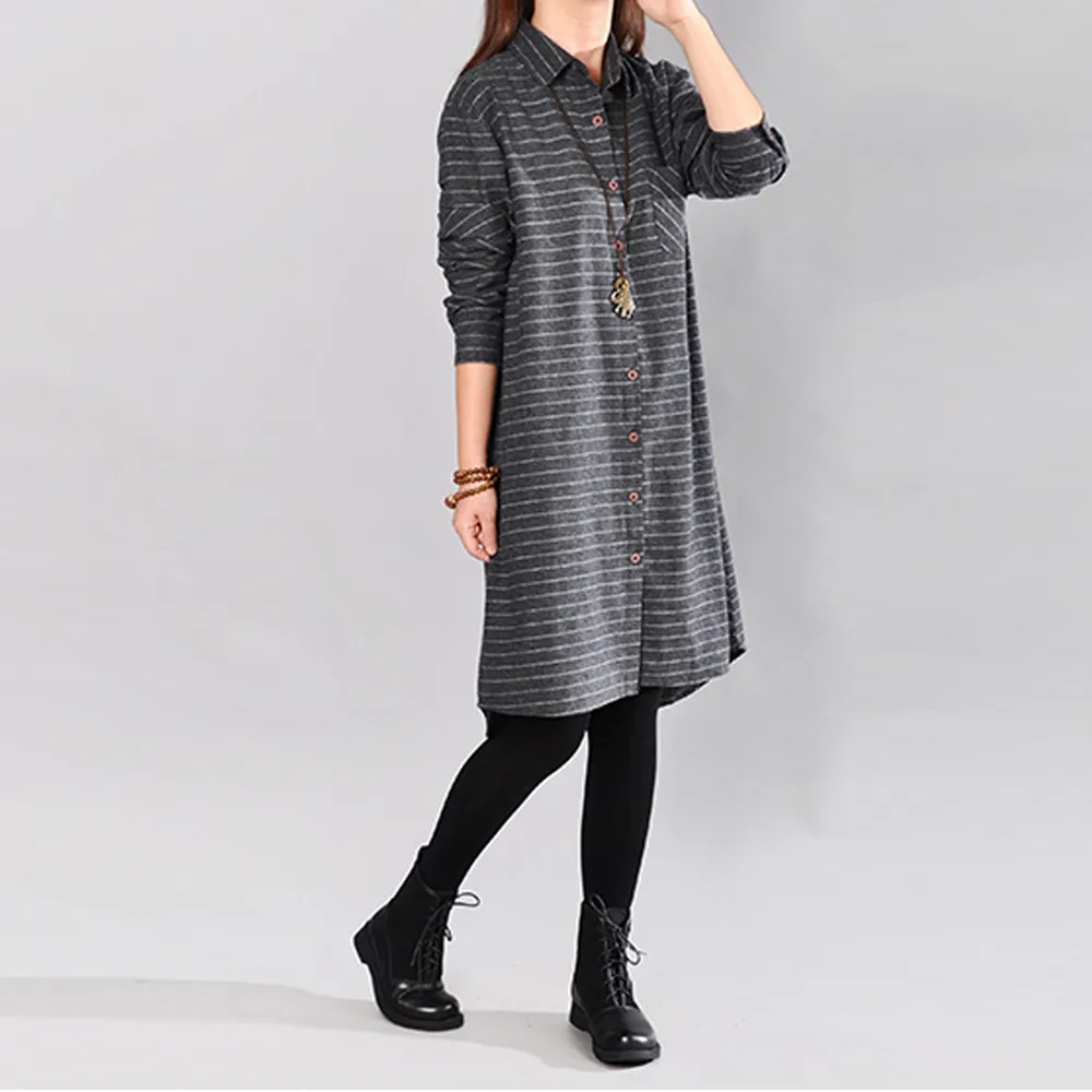 Women Stripe Cotton And Linen Long Sleeves Loose Section Dress 2018 women's summer clothes vestido verano | Женская одежда