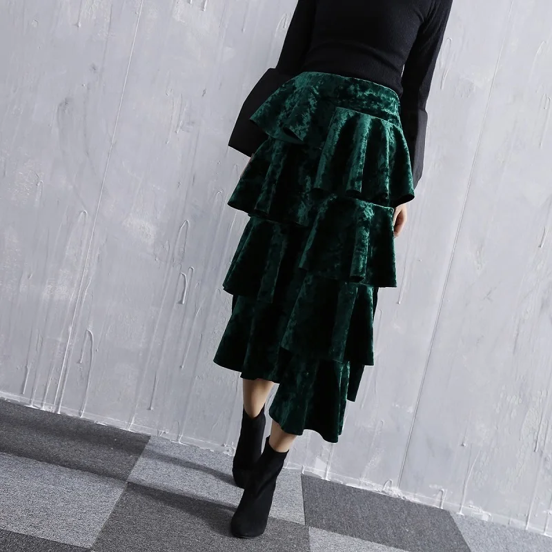 ASYMSAY Europe Lotus Leaf Asymmetry Shiny Fabric Velvet Skirt For Women Back Split Elastic High Waist Skirts Female AC2122|velvet skirt|waist