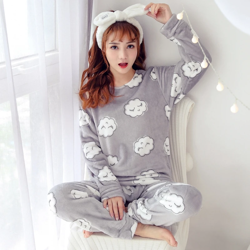 Толстый теплый полосатый фланелевый пижамный комплект для женщин 2019 зима