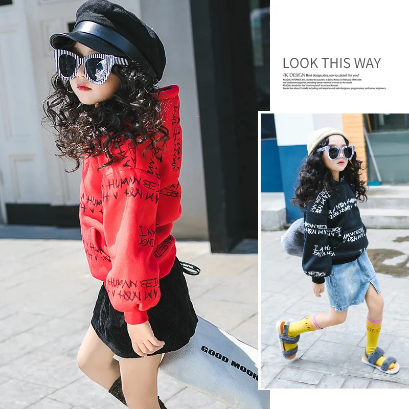 Girls' sweater thick Korean version of the winter 2018 new hooded shirt children plus velvet loose tide pocket top t-shirt | Мать и