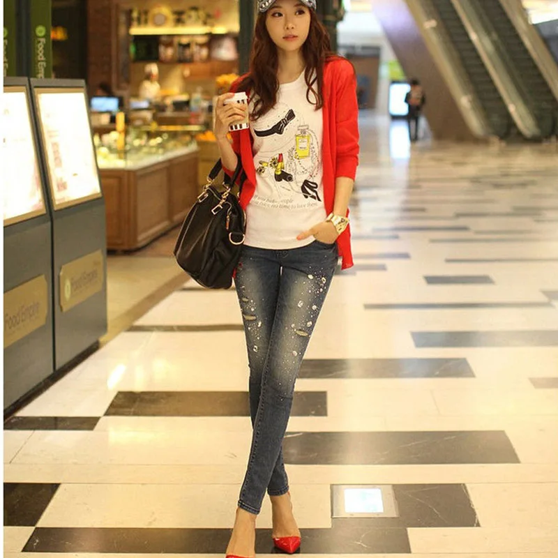 Новинка сезон осень-зима женские рваные джинсы со стразами и бисером джинсовые