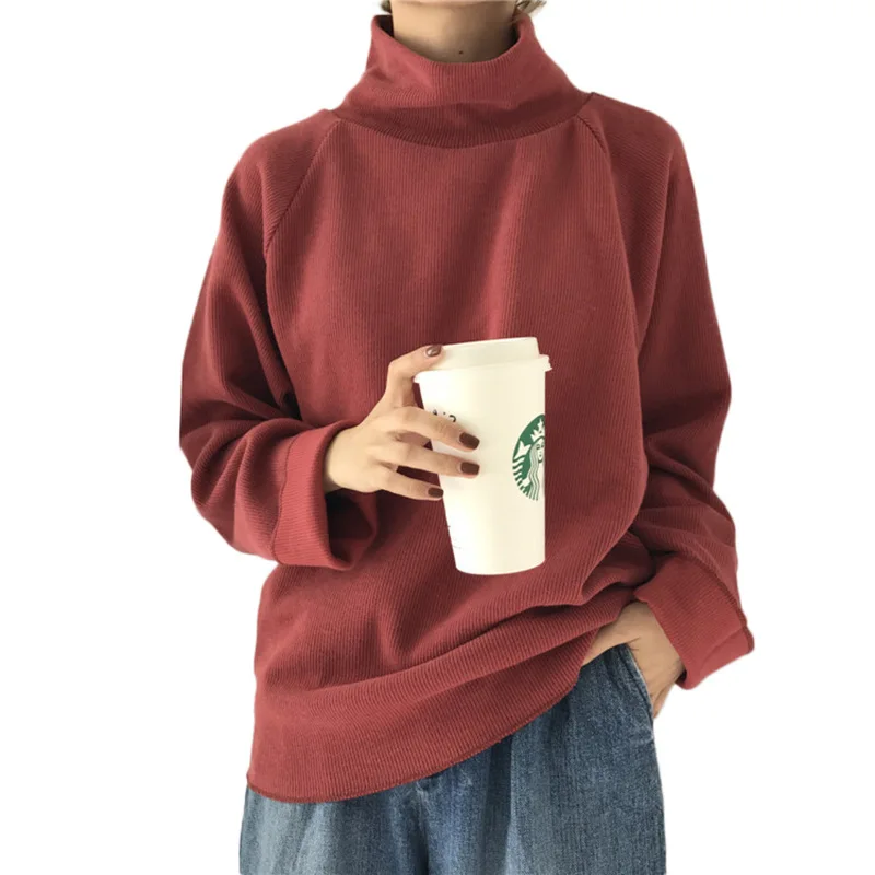 Женский вязаный свитер с высоким воротником свободный однотонный пуловер