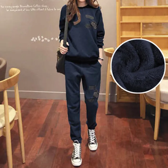 Navy Blue Winter S-6XL, женская спортивная одежда, спортивные костюмы, весна, осень, зима, повседневные, плюс бархат, Толстая Толстовка+ штаны, комплекты для женщин размера плюс - Цвет: Navy Blue Winter