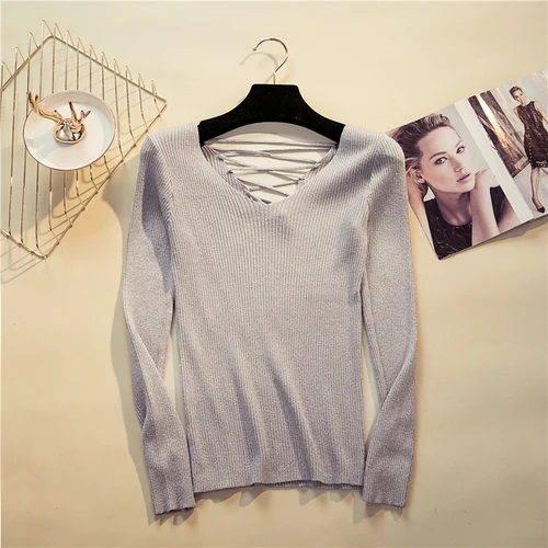 Light Grey Korobov тонкий осенний свитер Basics с v-образным вырезом, женские пуловеры с открытой спиной и шнуровкой, корейский тонкий свитер с люрексом, вязаный свитер 78603 - Цвет: Light Grey