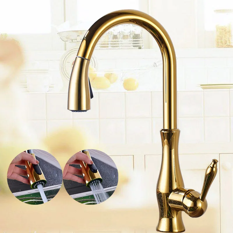 Golden kitchen Tap A Латунный кухонный кран Матовый никель Высокий арочный кухонный кран для раковины выдвижной вращающийся Спрей Смеситель Torneira Cozinha - Цвет: Golden kitchen Tap A