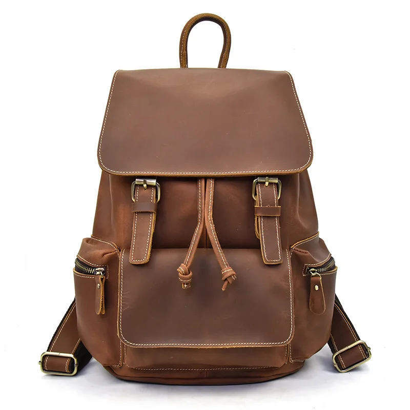 

Dropship High Quality Vintage Cow Leather Backpacks for Teenagers Large Capacity Strings Daypacks 14" Laptop Student Rucksacks