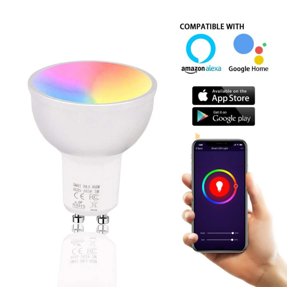 Умная лампа WiFi GU10 RGBW 5 Вт Led с регулируемой яркостью совместима Alexa и Google Home