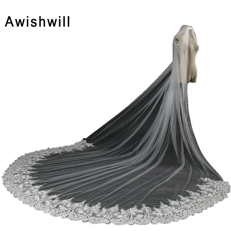 100% настоящая фотография один слой кружевная кромка с расческой Длинная фата для