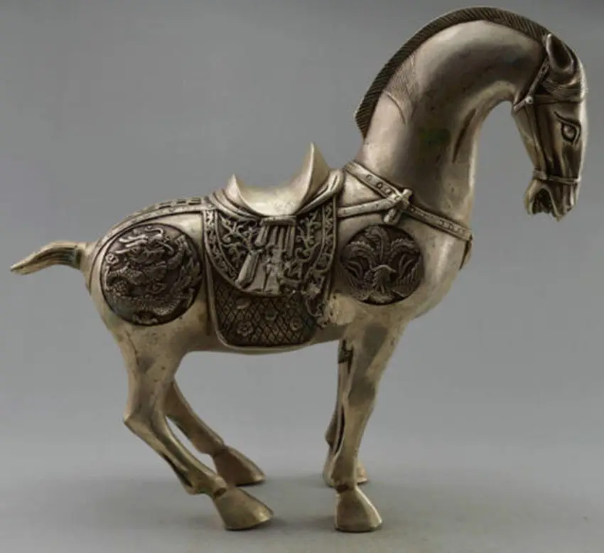 

Коллекционная украшенная старая ручная работа тибетская Серебряная резная большая статуя лошади-зодиака