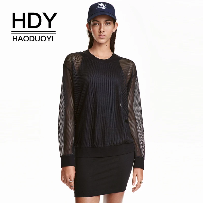 Женская футболка HDY Haoduoyi черная облегающая с сеточкой 2019 | одежда