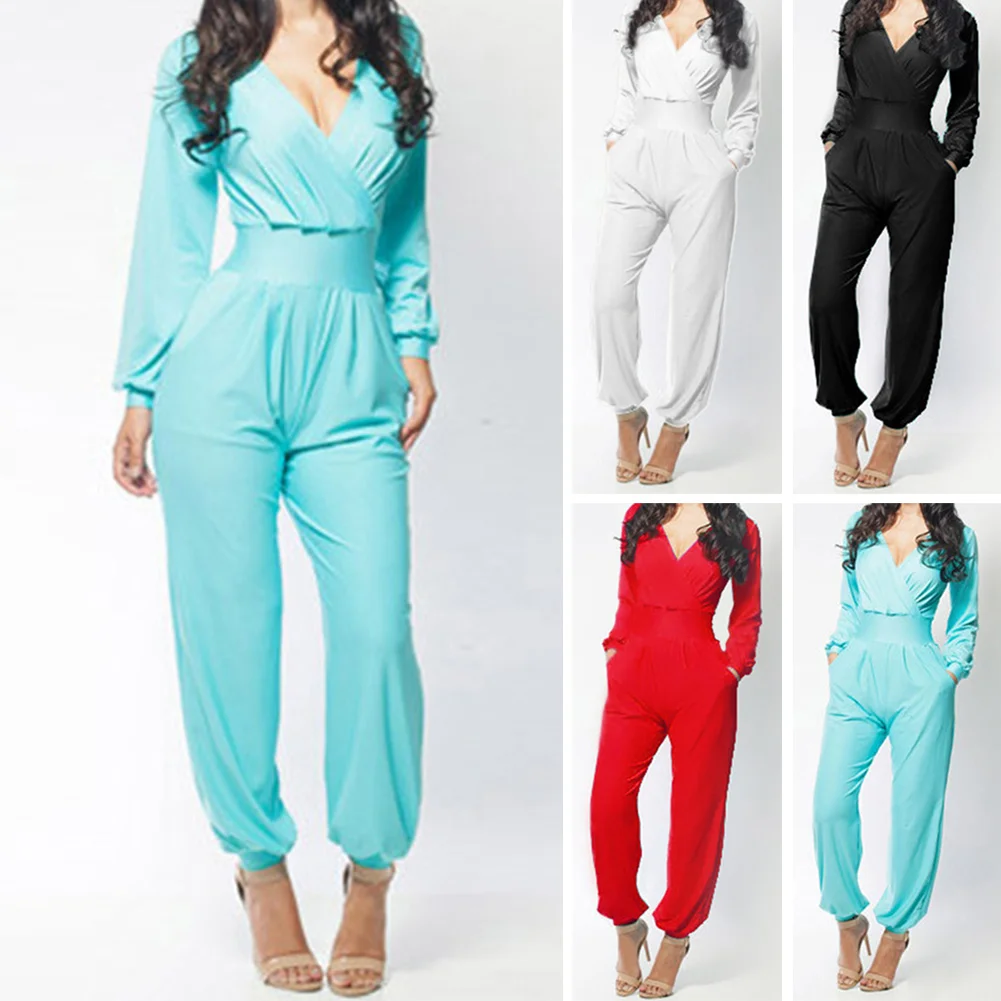 New Spring Hot Sale Fashion Women Deep V Long Sleeve Waist Loose Slim Solid Color Jumpsuit Bandage Female Romper |