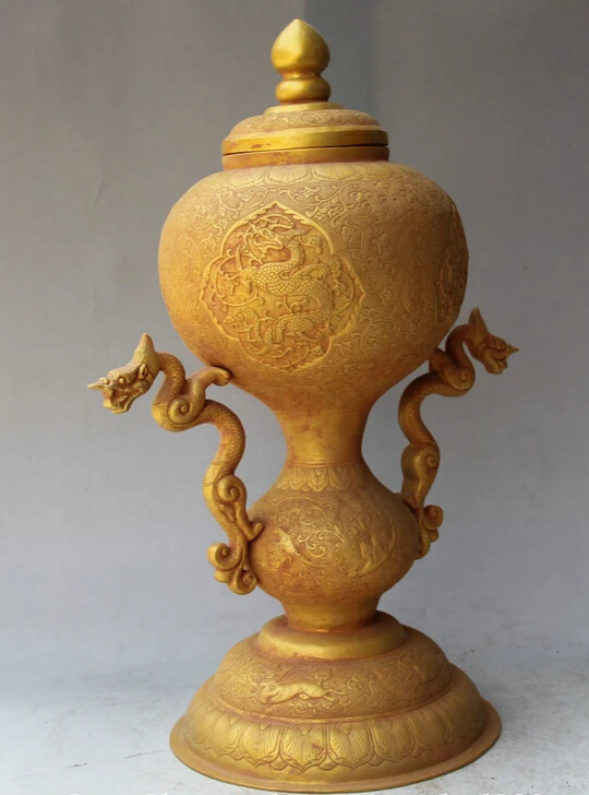 USPS to USA S2440 10&quot Chinese Dynasty palace Copper Gild Dragon handle vessel kettle Pot Jar Crock | Дом и сад
