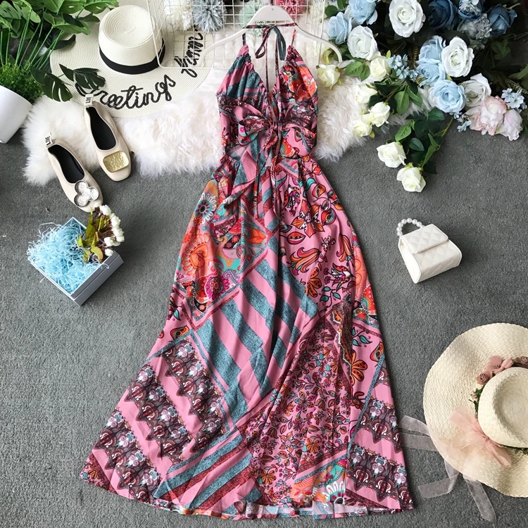 Летнее платье 2019 плюс размер богемная накидка на груди с лямкой через шею принтом