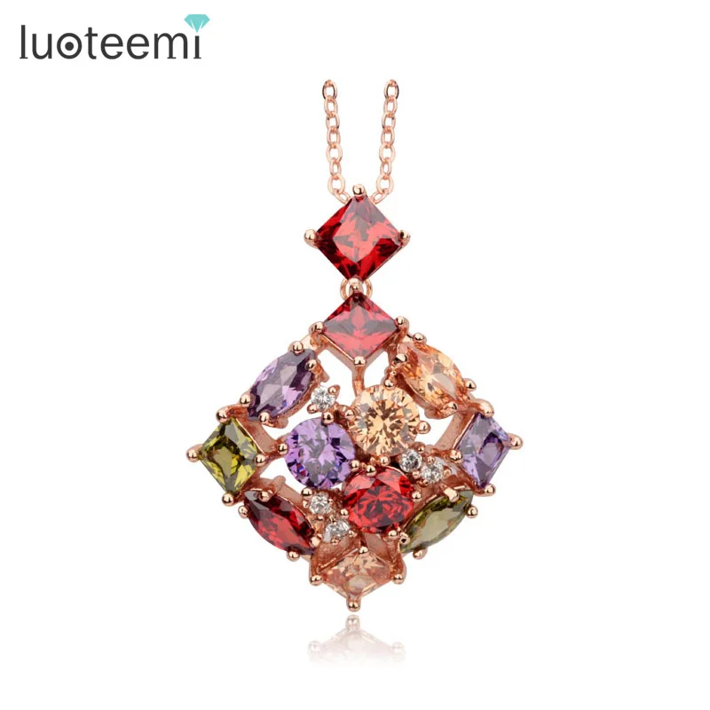 

LUOTEEMI Multi-Color Square Shape AAA Cubic Zirconia Rose Gold-Color Statement Necklace for Women Luxury Wedding Bridal Jewelry