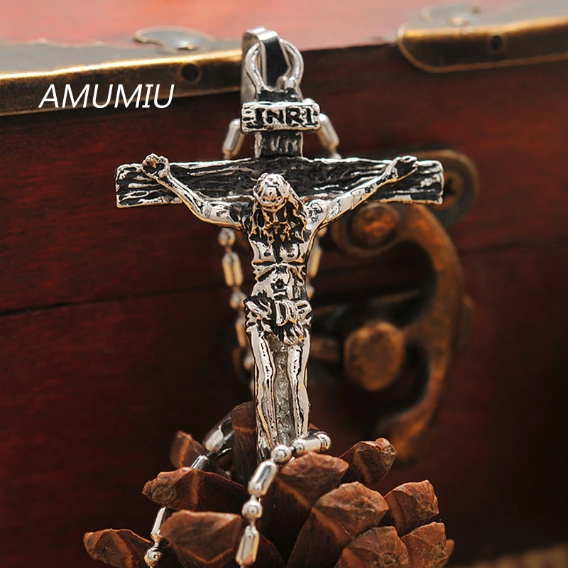 Мужской кулон в виде креста AMUMIU INRI Jesus винтажное ожерелье из нержавеющей стали 316L