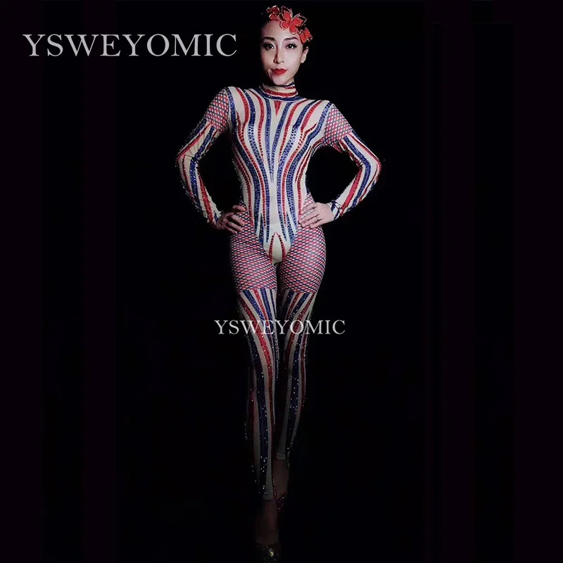 Rainbow Dance Costume Evening Party Stretch Rhinestones Costume Stage Wear Rhinestone Celebrate Bodysuit Striped jumpsuit