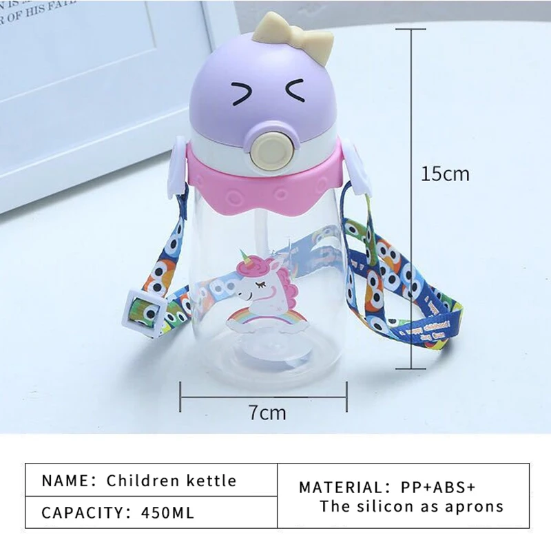 Kids Water Bottle with Straw Unicorn Owl Children's Plastic Strap Drinking Bottles Leakproof Travel Essential Sippy BPA Free | Дом и сад