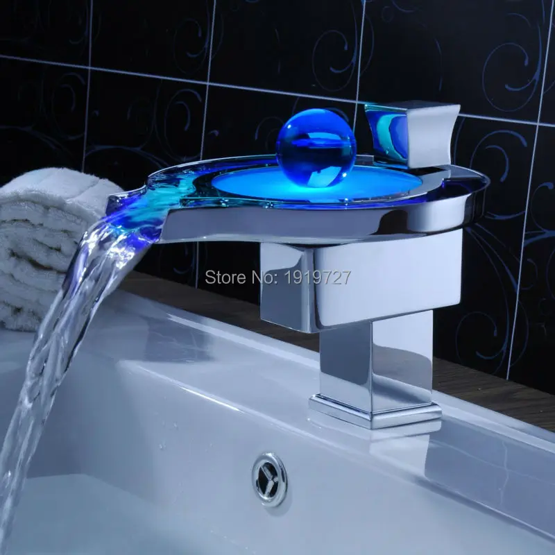 

New Design Three Color Temperature Controlled LED Light Bathroom Waterfall Mixer Tap Single Handle Vessel Sink Basin Faucet
