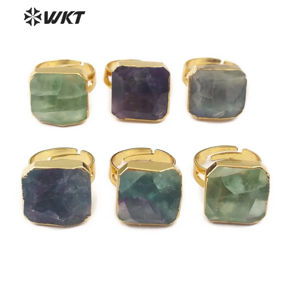 WT R211 горячая Распродажа кольца из природного радужного флюорита с золотым