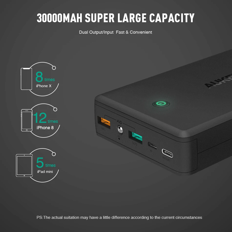 AUKEY 30000 mAh power Bank портативное зарядное устройство Быстрая зарядка 3 0 внешний