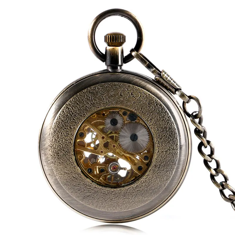 

Luxury Bronze Open Face Roman Numbers Mechanical Hand Winding Pocket Watch Flower Skeleton Women Exquisite Pendant Nurse Chain