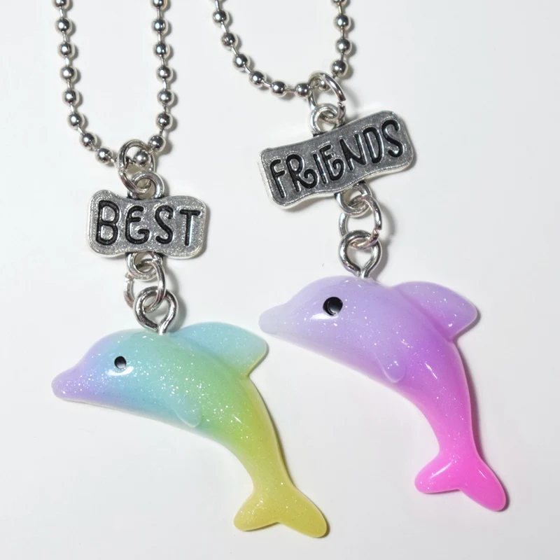 green and purple Блеск градиент обесцвечивание Дельфин Подвеска BFF ожерелье для лучших друзей навсегда дружба Дети Ювелирные изделия дети девочки подарок - Окраска металла: green and purple