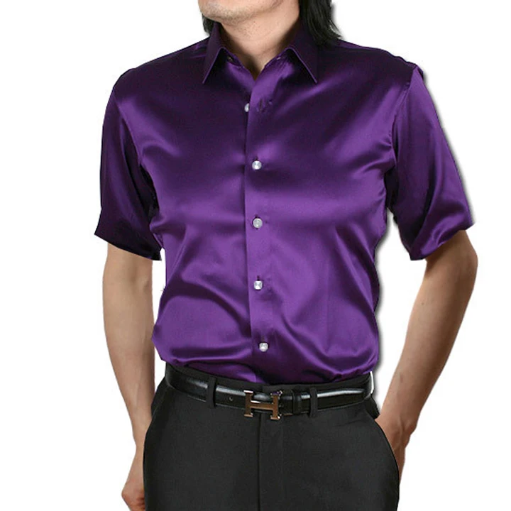 Блестящая золотая шелковая атласная рубашка для мужчин Chemise Homme 2019 приталенная