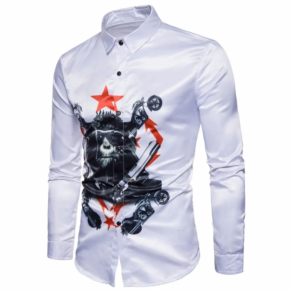 

European Style Autumn Business Shirts Fashion Mens Shirt Orangutan Digital Printing Long Sleeve Male Nice S-2XL