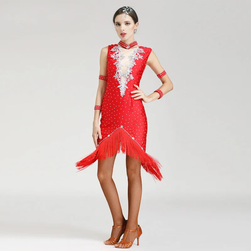 Женское сексуальное платье с блестками для латинских танцев кисточками и одежда