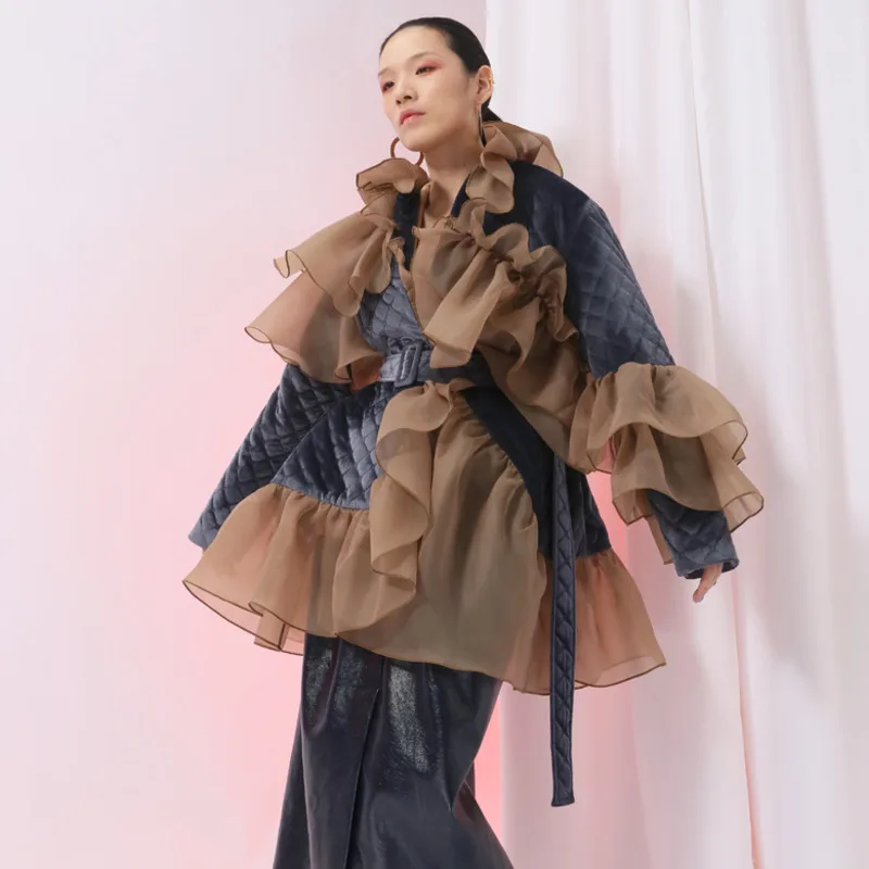 2019 новые осенние и зимние европейские женские модная одежда оборками Лоскутная