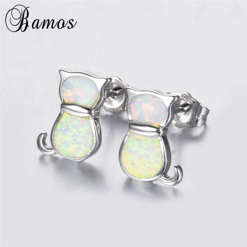 Серьги гвоздики женские серебряного цвета с опалом и котом|cute cat stud earrings|cat