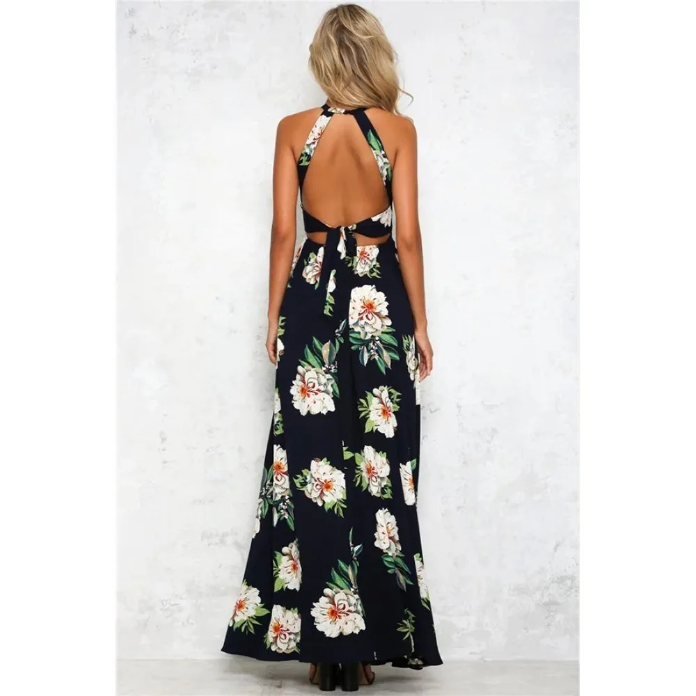 Loneyshow Summer Women Bohemian Sexy Dress Halter V Neck Sleeveless Lace Ankle Length Retro | Женская одежда