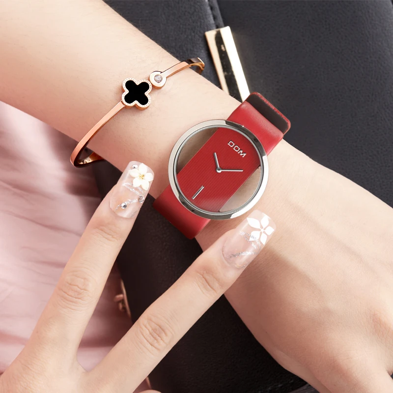 DOM женские часы минималистичные простые Стильные водонепроницаемые кварцевые