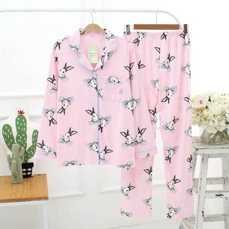 

Animal Rabbit Printed Nightgowns Women Autumn Pyjamas Suit breathable cotton Female pajamas Turn-down Home Clothing Long Pants