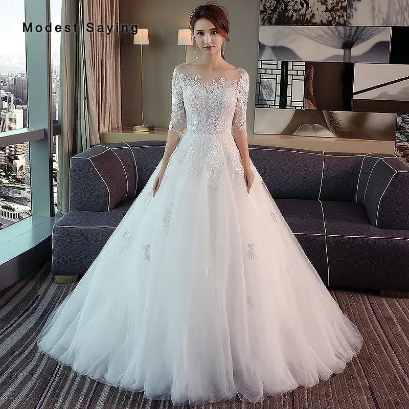 

Elegant Ball Gown O Neck Lace Wedding Dresses 2019 Spring with Lace Up Back Ivory Tulle Skirt Formal 3/4 Sleeves Bridal Gowns
