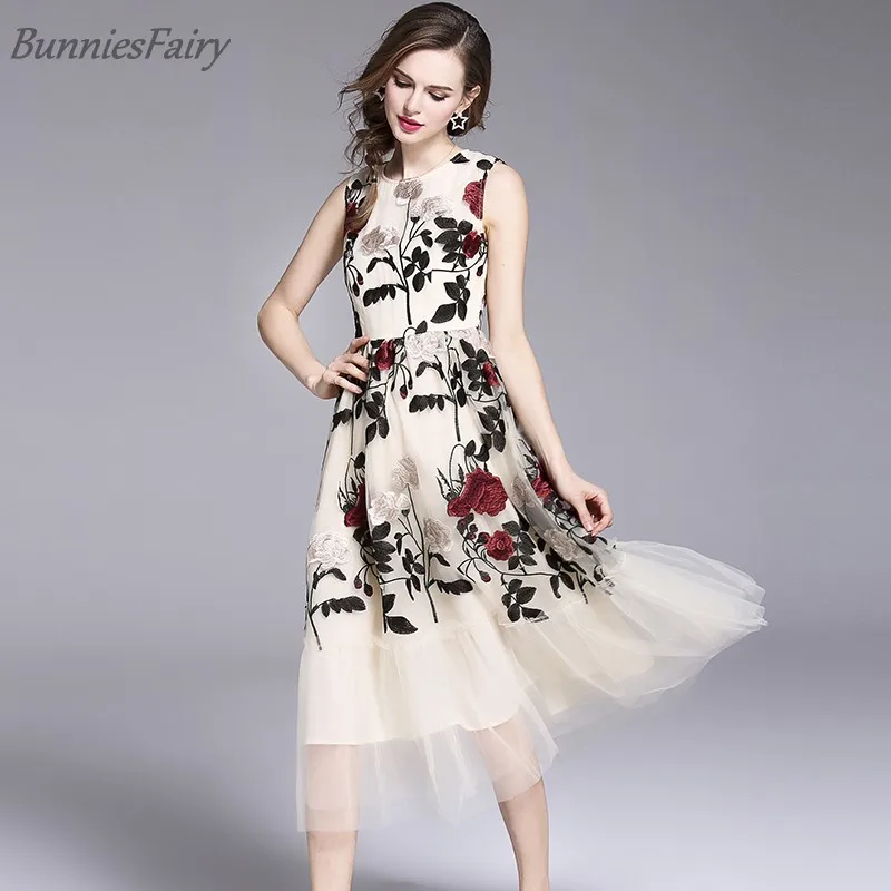 BunniesFairy 2018 новые милые платья Великолепные сетчатые Элегантные миди с цветочной