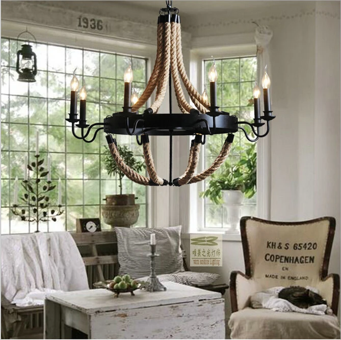 Винтажный кантри чердак пеньковая веревка железа 6/8 головок e27 подвесной